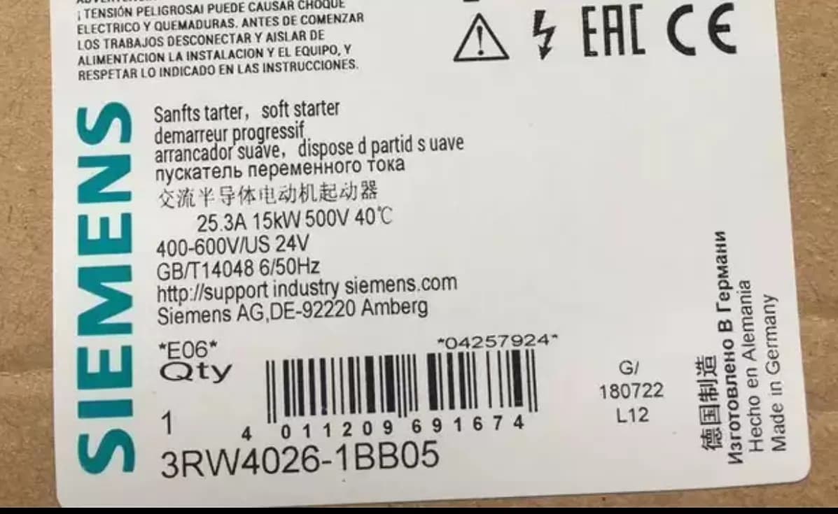 Zupełnie nowy, oryginalny, bezpośrednio z fabryki Siemens 3RW4026-1BB05 Soft Starter SIRIUS SOFT STARTER